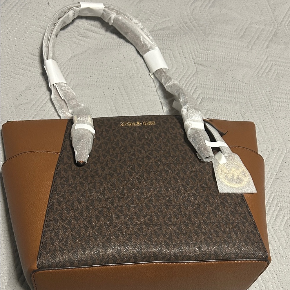 Michael Kors Brown Logo and Tan Leather Tote